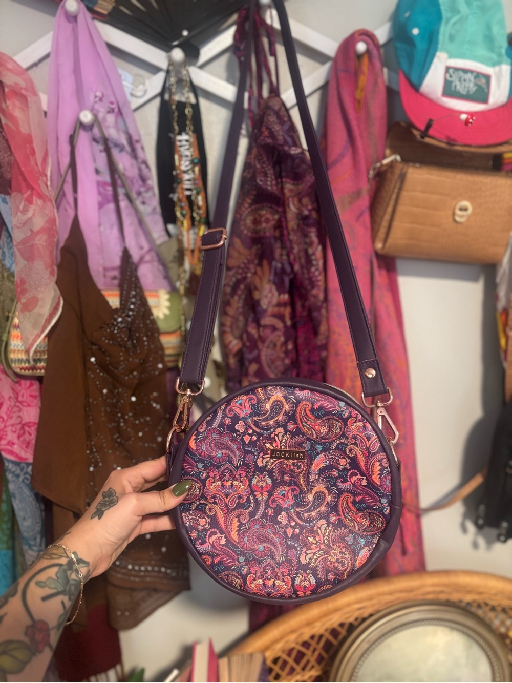 Round Paisley Crossbody Bag in Purple and Pink by